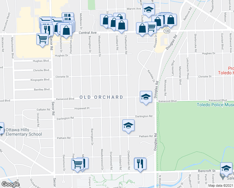 map of restaurants, bars, coffee shops, grocery stores, and more near 2904 Kenwood Boulevard in Toledo