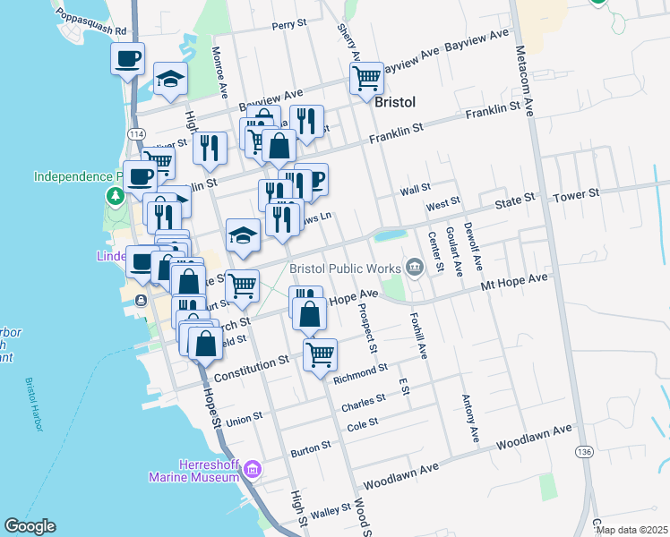 map of restaurants, bars, coffee shops, grocery stores, and more near 46 First School Street in Bristol