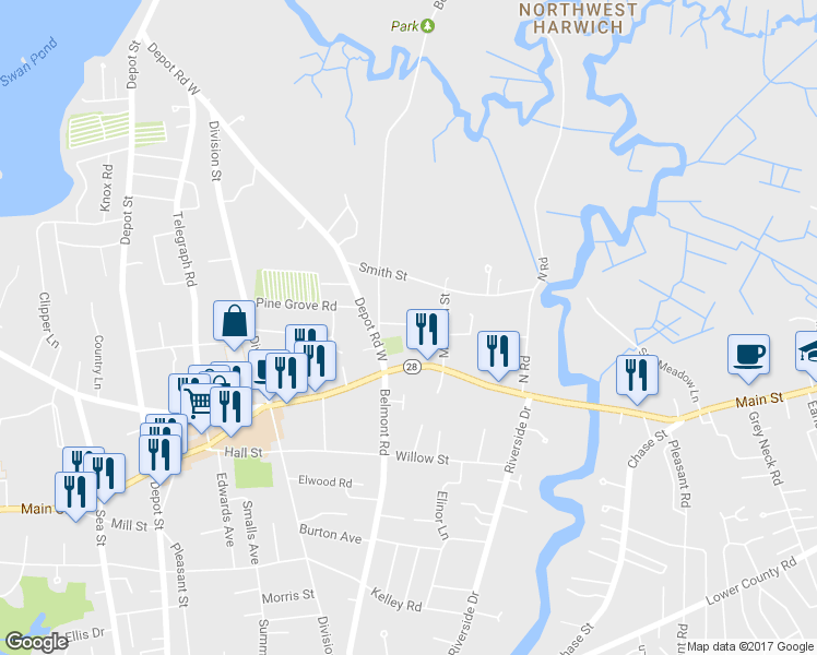 map of restaurants, bars, coffee shops, grocery stores, and more near Pinewood Village in Harwich