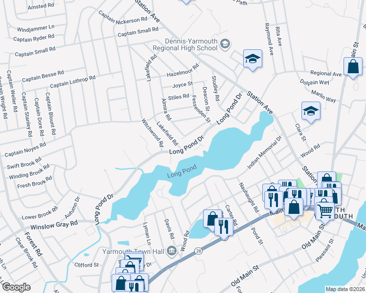 map of restaurants, bars, coffee shops, grocery stores, and more near 12 Lakefield Road in Yarmouth