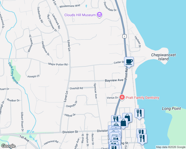map of restaurants, bars, coffee shops, grocery stores, and more near 51 Spencer Avenue in East Greenwich