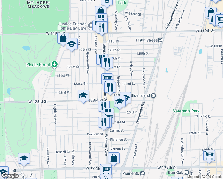 map of restaurants, bars, coffee shops, grocery stores, and more near 12215 Western Avenue in Blue Island