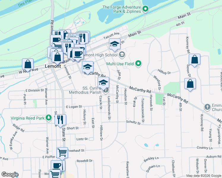 map of restaurants, bars, coffee shops, grocery stores, and more near 510 McCarthy Street in Lemont