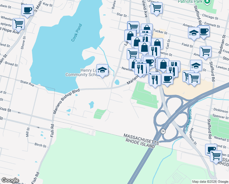 map of restaurants, bars, coffee shops, grocery stores, and more near 22 Mate Drive in Fall River