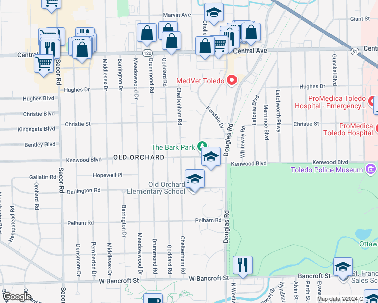 map of restaurants, bars, coffee shops, grocery stores, and more near 2814 Kenwood Boulevard in Toledo