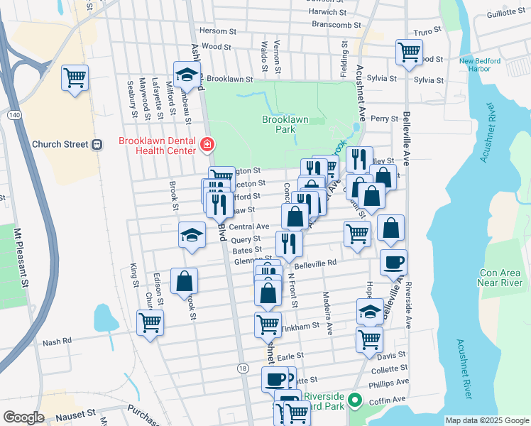 map of restaurants, bars, coffee shops, grocery stores, and more near 237 Shaw Street in New Bedford