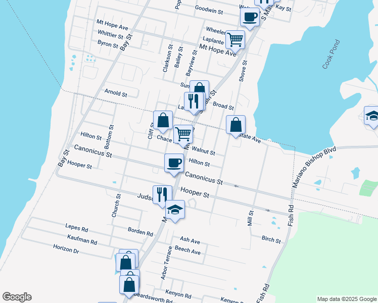map of restaurants, bars, coffee shops, grocery stores, and more near 63 Main Road in Tiverton