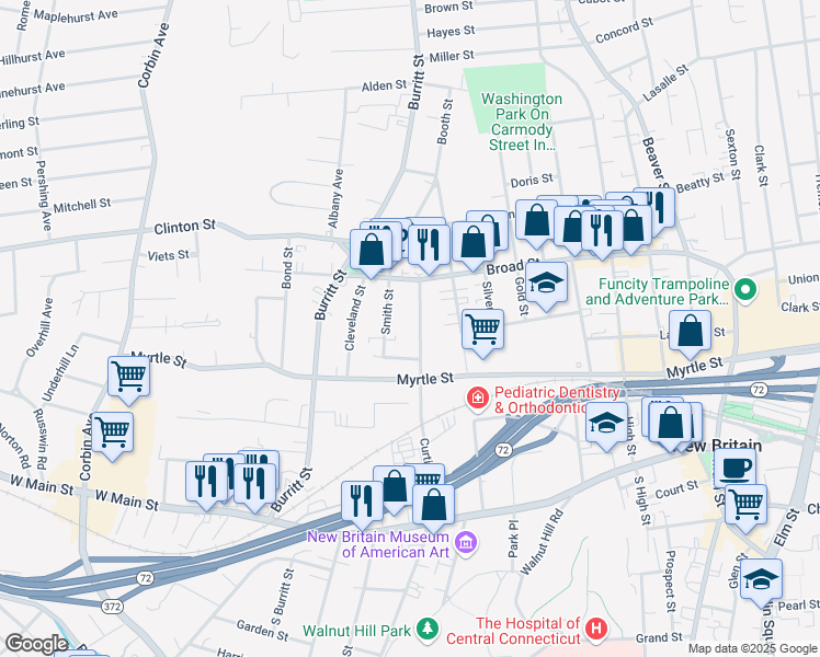 map of restaurants, bars, coffee shops, grocery stores, and more near 202 Curtis Street in New Britain