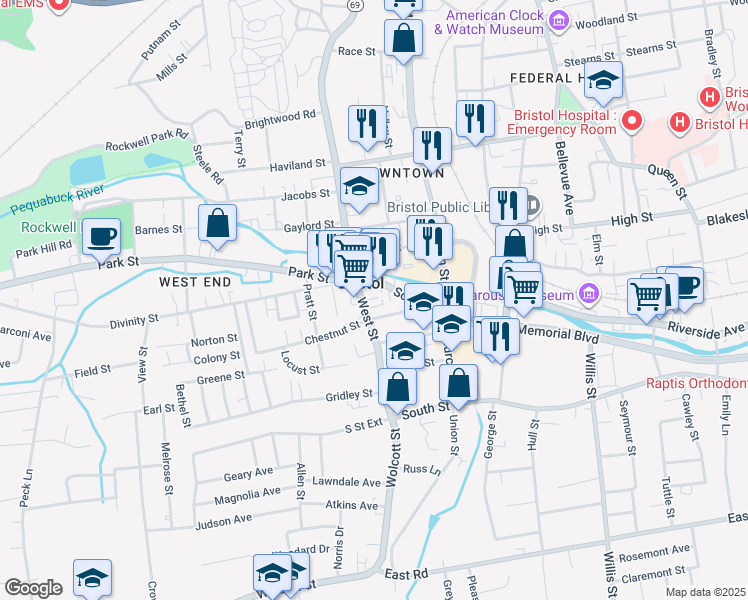map of restaurants, bars, coffee shops, grocery stores, and more near 149 Connecticut 72 in Bristol