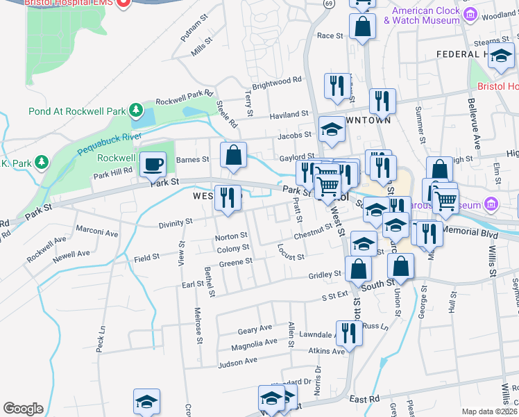 map of restaurants, bars, coffee shops, grocery stores, and more near 116 Divinity Street in Bristol