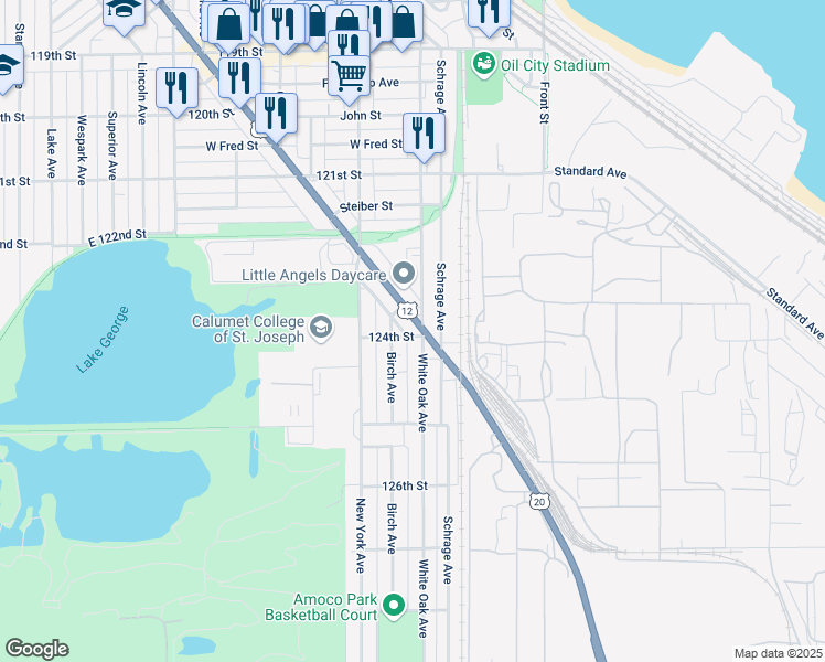 map of restaurants, bars, coffee shops, grocery stores, and more near 2342 Schrage Avenue in Whiting
