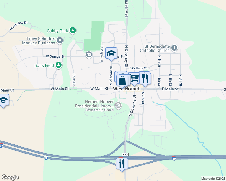 map of restaurants, bars, coffee shops, grocery stores, and more near 137 West Main Street in West Branch