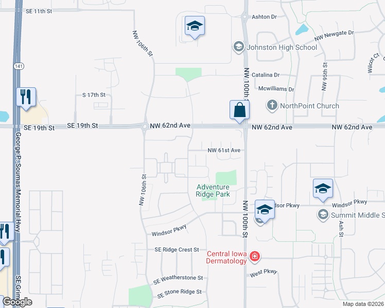 map of restaurants, bars, coffee shops, grocery stores, and more near 6072 Manchester Lane in Johnston
