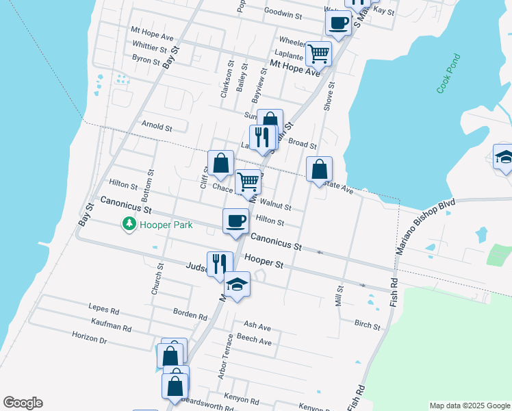 map of restaurants, bars, coffee shops, grocery stores, and more near 63 Main Road in Tiverton