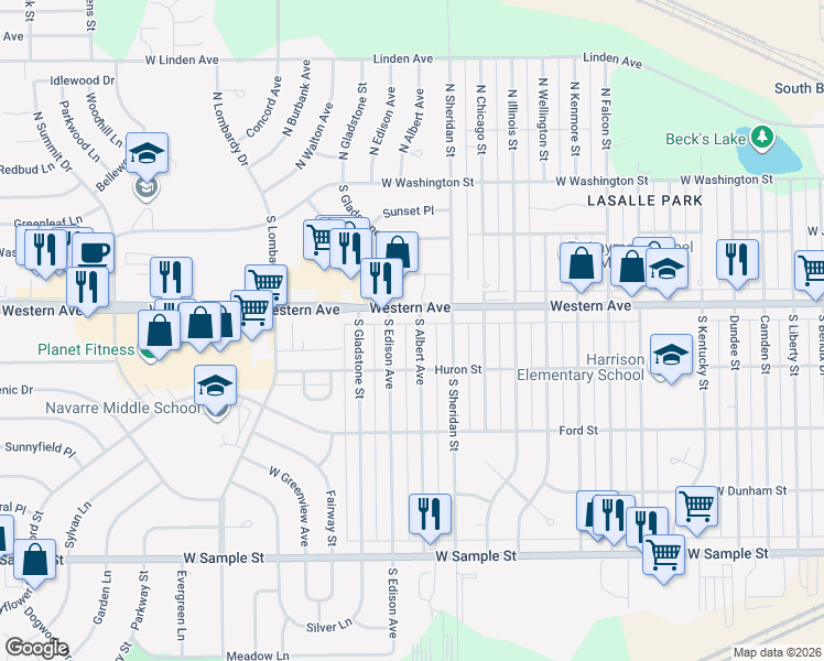 map of restaurants, bars, coffee shops, grocery stores, and more near 400-412 South Edison Avenue in South Bend