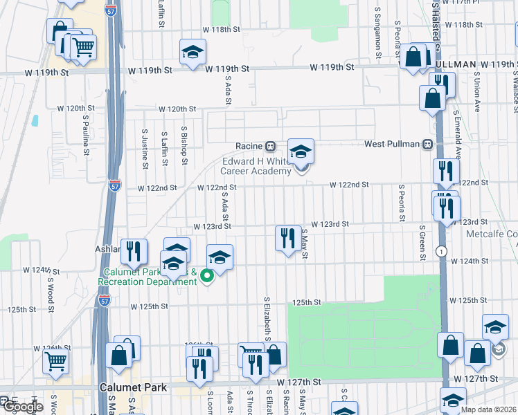 map of restaurants, bars, coffee shops, grocery stores, and more near 12230 South Elizabeth Street in Chicago