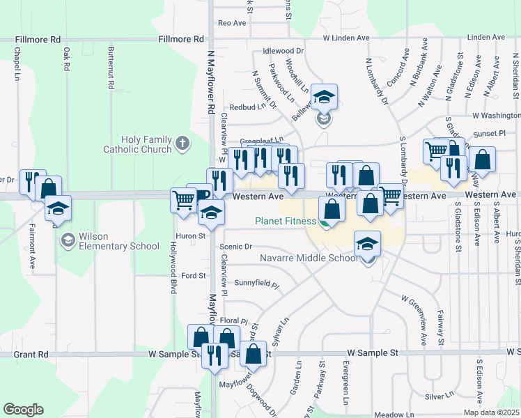 map of restaurants, bars, coffee shops, grocery stores, and more near 5068 West Western Avenue in South Bend