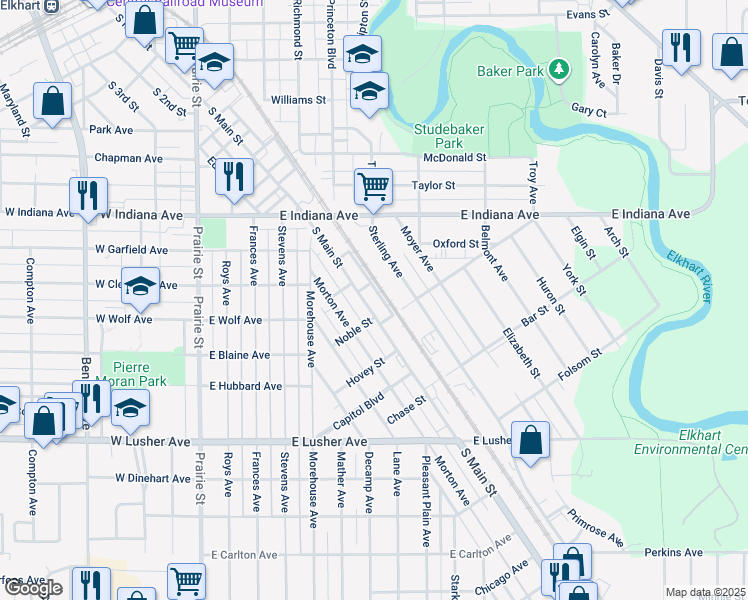 map of restaurants, bars, coffee shops, grocery stores, and more near 1622 South Main Street in Elkhart