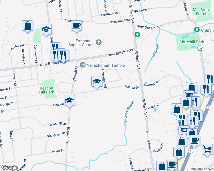 map of restaurants, bars, coffee shops, grocery stores, and more near 5 Lincoln Road in Newington