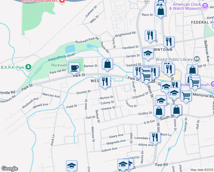 map of restaurants, bars, coffee shops, grocery stores, and more near 160 Divinity Street in Bristol