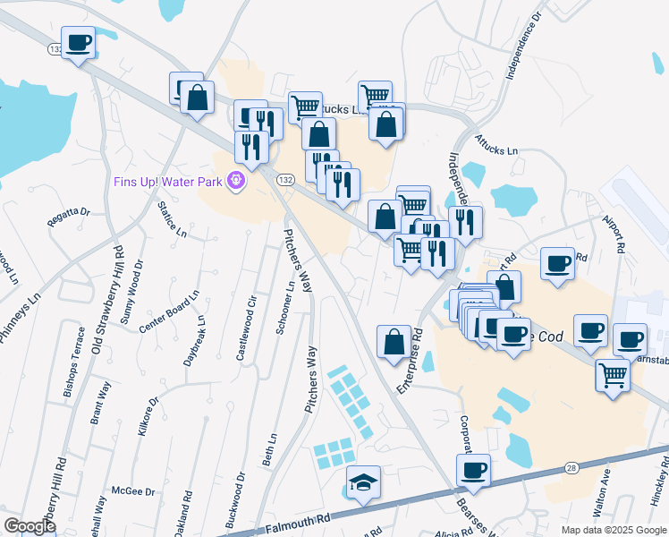 map of restaurants, bars, coffee shops, grocery stores, and more near 832 Bearses Way in Barnstable
