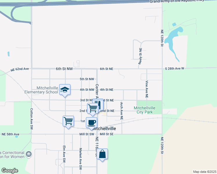 map of restaurants, bars, coffee shops, grocery stores, and more near 201 4th Street Northeast in Mitchellville