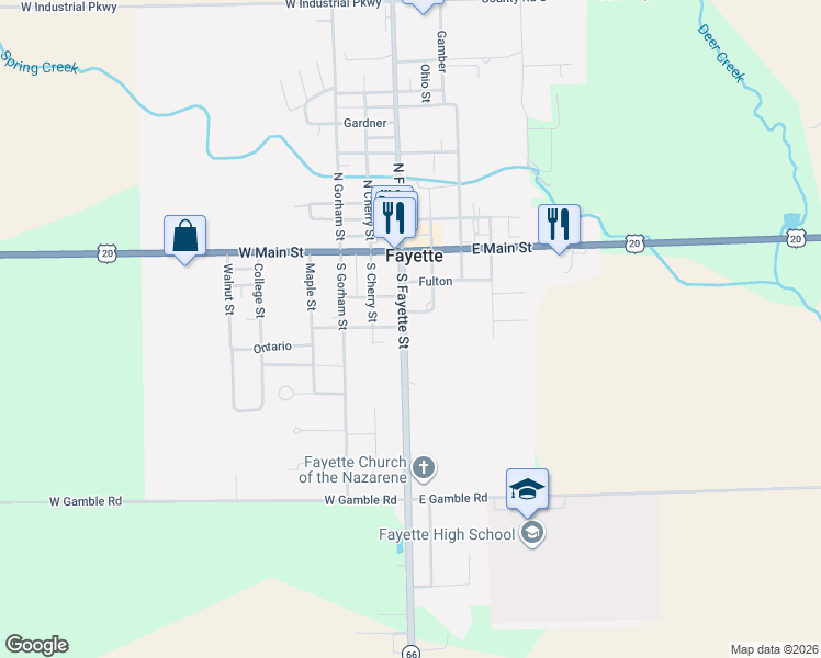 map of restaurants, bars, coffee shops, grocery stores, and more near 303 South Fayette Street in Fayette