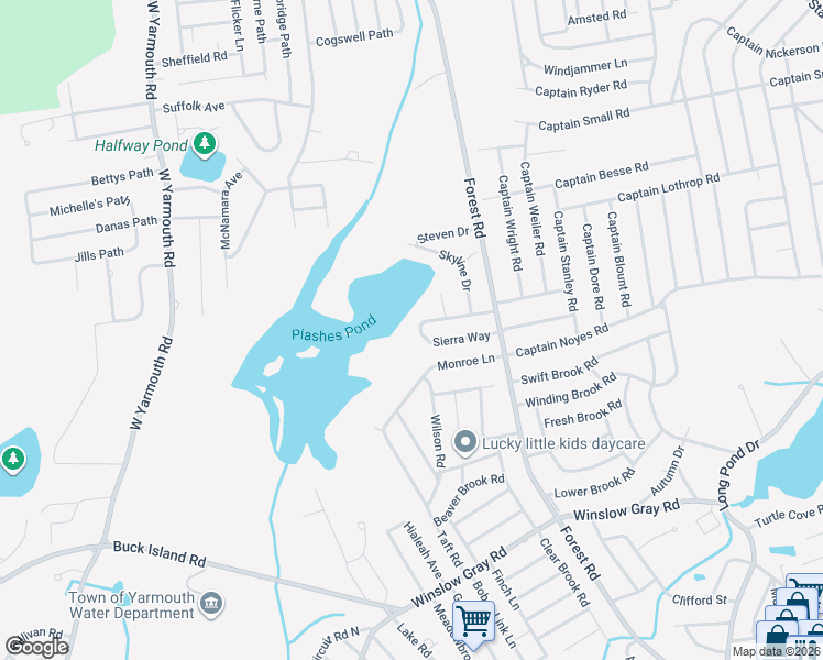 map of restaurants, bars, coffee shops, grocery stores, and more near 45 Sierra Way in Yarmouth