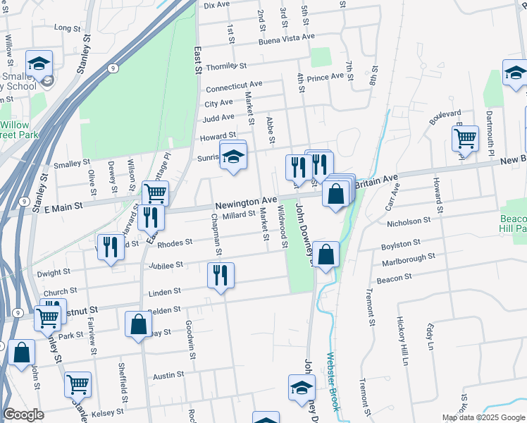 map of restaurants, bars, coffee shops, grocery stores, and more near Market Street & Millard Street in New Britain