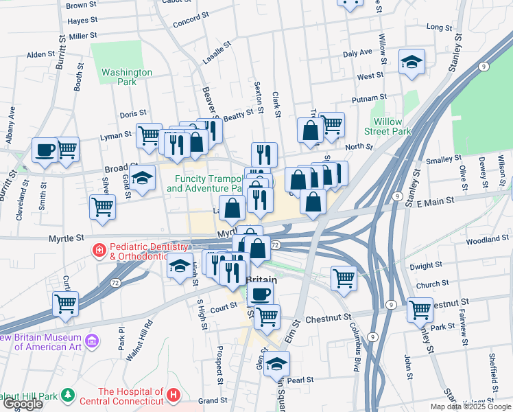 map of restaurants, bars, coffee shops, grocery stores, and more near 516 Main Street in New Britain
