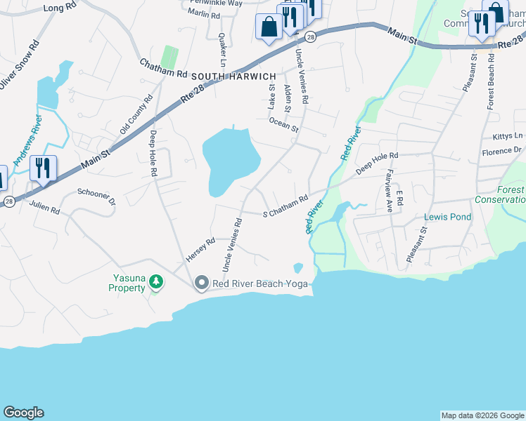 map of restaurants, bars, coffee shops, grocery stores, and more near 2 Brettwood Road in Harwich