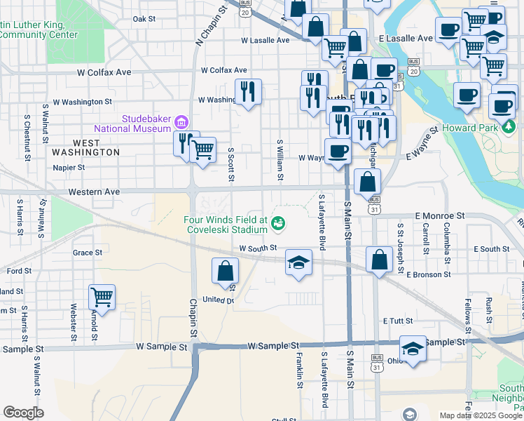 map of restaurants, bars, coffee shops, grocery stores, and more near 601 Monroe Circle in South Bend