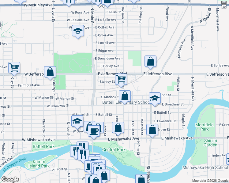 map of restaurants, bars, coffee shops, grocery stores, and more near 1115 Christyann Street in Mishawaka