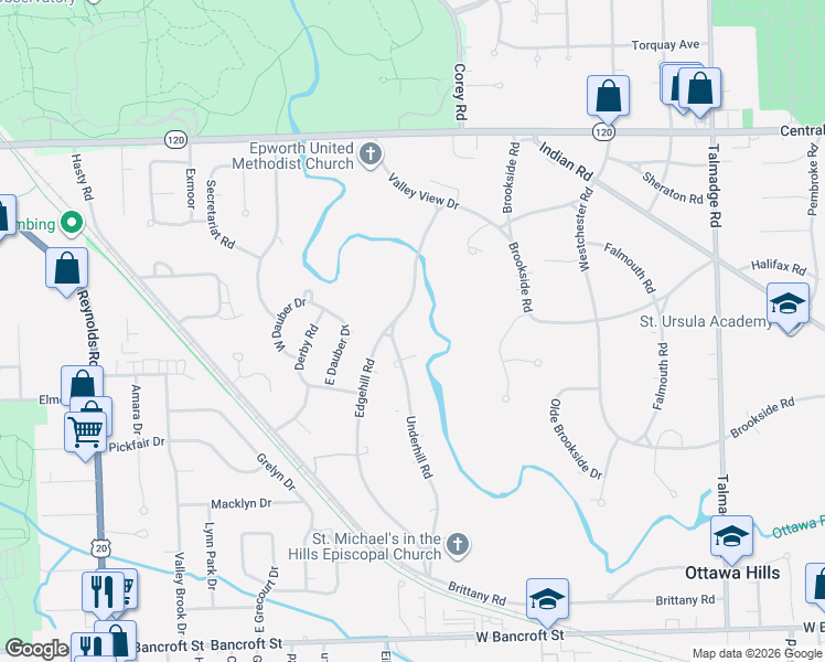 map of restaurants, bars, coffee shops, grocery stores, and more near 2701 Edgehill Road in Toledo