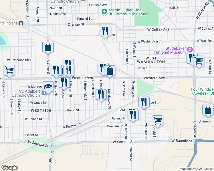 map of restaurants, bars, coffee shops, grocery stores, and more near 428-464 Kosciuszko St in South Bend