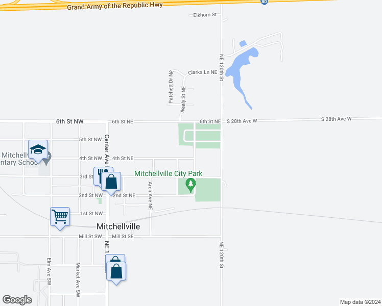 map of restaurants, bars, coffee shops, grocery stores, and more near 409 4th Street Northeast in Mitchellville