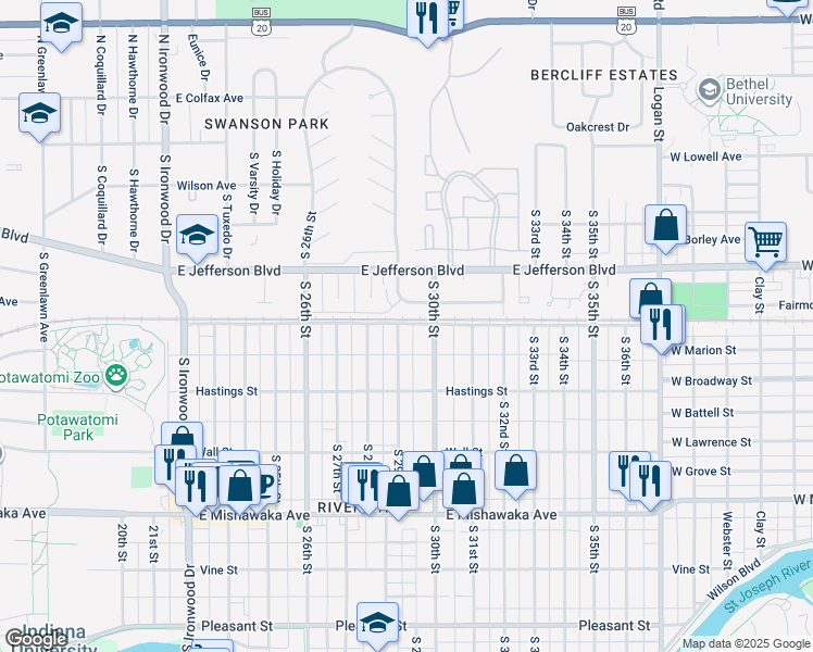 map of restaurants, bars, coffee shops, grocery stores, and more near 506 South 29th Street in South Bend