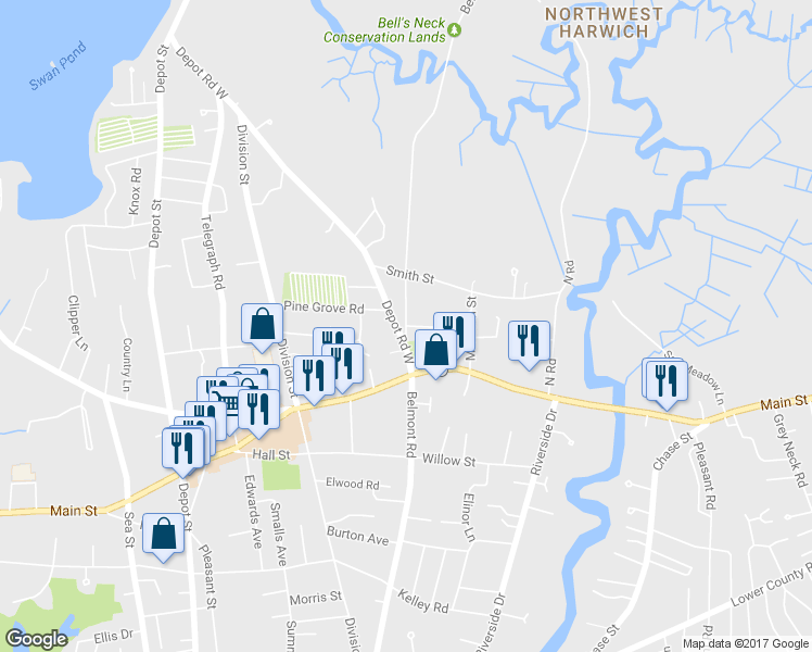 map of restaurants, bars, coffee shops, grocery stores, and more near Pinewood Village in Harwich