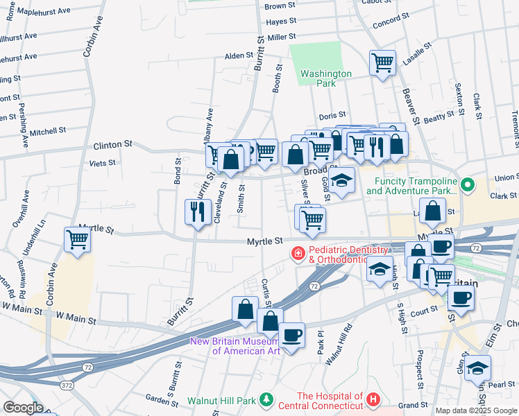 map of restaurants, bars, coffee shops, grocery stores, and more near 194 Curtis Street in New Britain