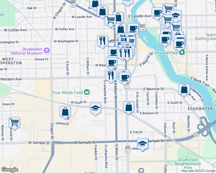 map of restaurants, bars, coffee shops, grocery stores, and more near 432 South Lafayette Boulevard in South Bend