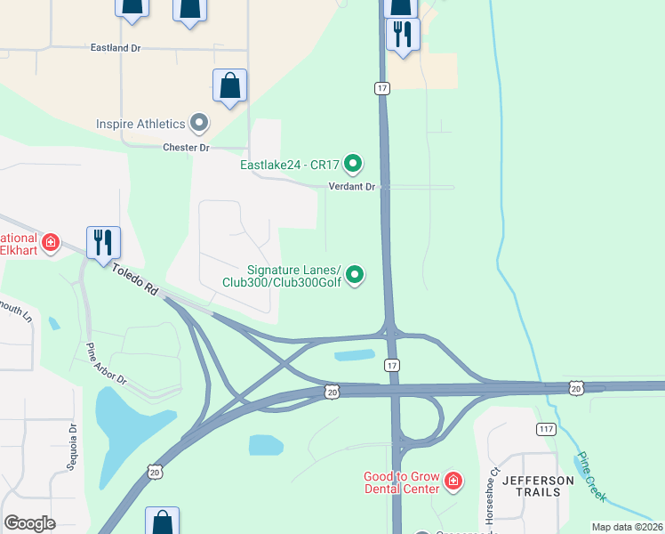 map of restaurants, bars, coffee shops, grocery stores, and more near 1180 Fremont Court in Elkhart
