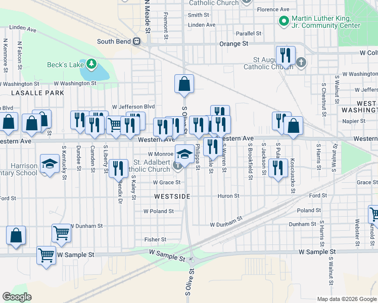 map of restaurants, bars, coffee shops, grocery stores, and more near 416 South Olive Street in South Bend