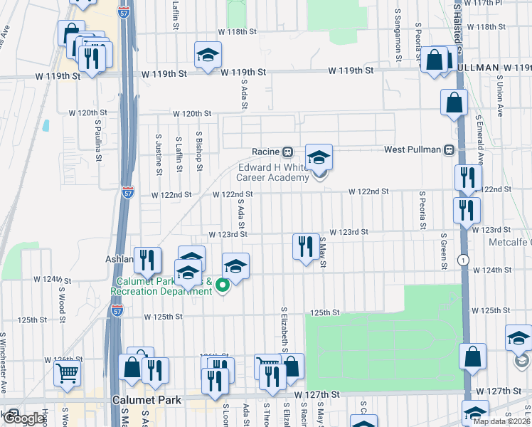 map of restaurants, bars, coffee shops, grocery stores, and more near 12227 South Throop Street in Chicago