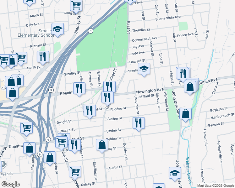 map of restaurants, bars, coffee shops, grocery stores, and more near 516 Main Street in New Britain