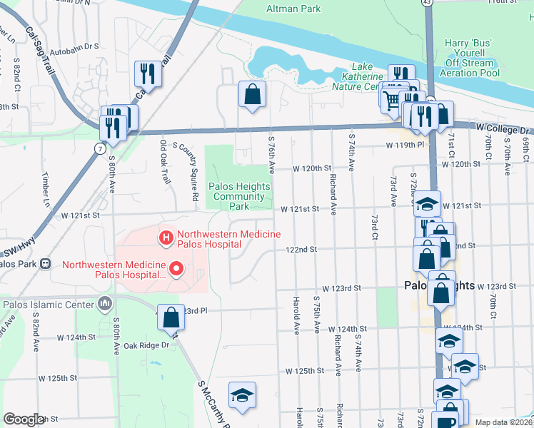 map of restaurants, bars, coffee shops, grocery stores, and more near 7600 West Coach Road in Palos Heights