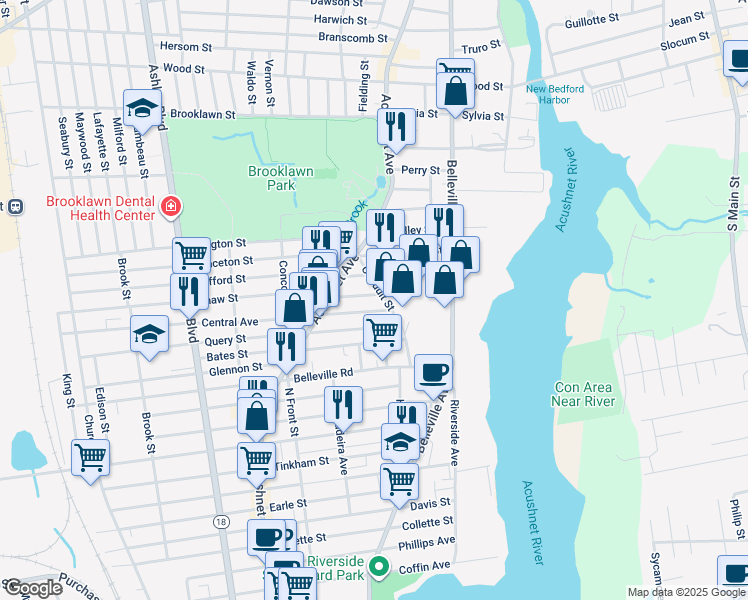 map of restaurants, bars, coffee shops, grocery stores, and more near 103 Shaw Street in New Bedford