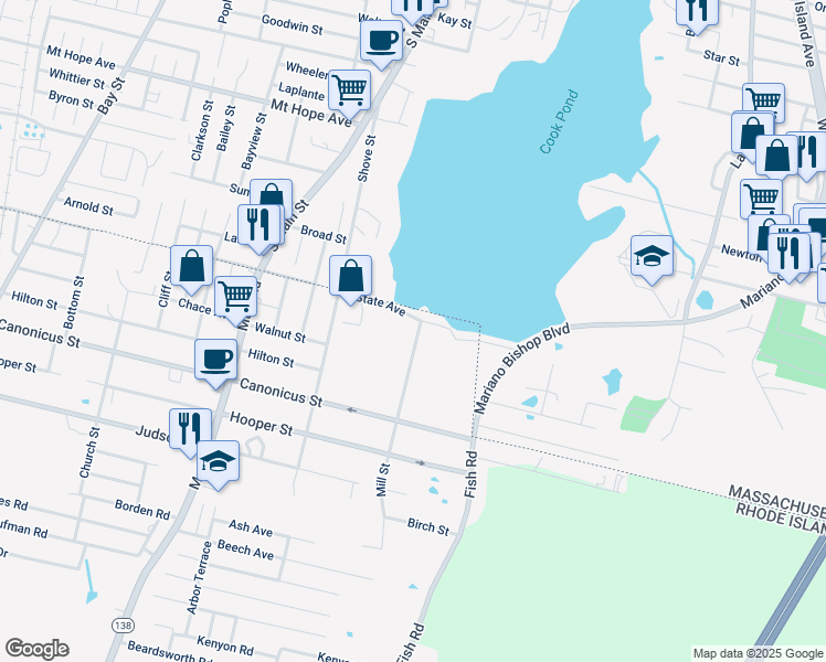 map of restaurants, bars, coffee shops, grocery stores, and more near 1 Mill Street in Tiverton