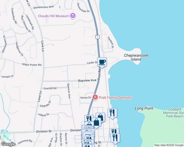 map of restaurants, bars, coffee shops, grocery stores, and more near 4389 Post Road in East Greenwich