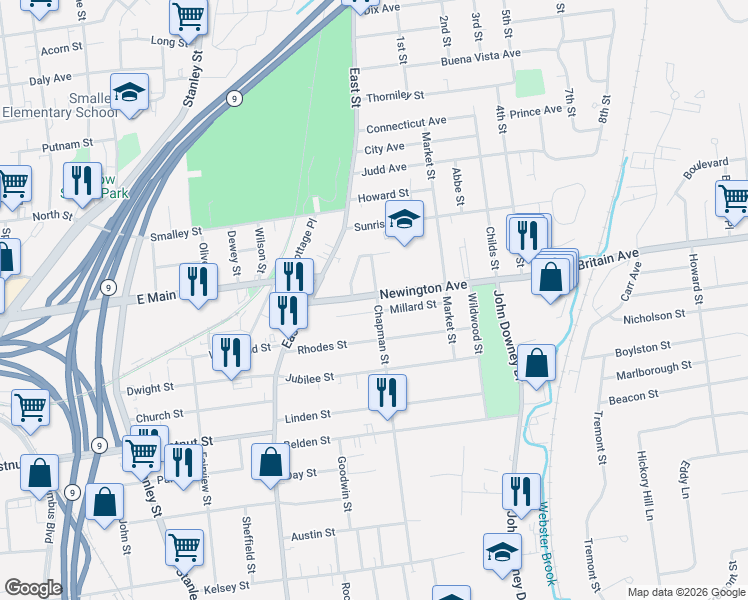 map of restaurants, bars, coffee shops, grocery stores, and more near 98 Newington Avenue in New Britain
