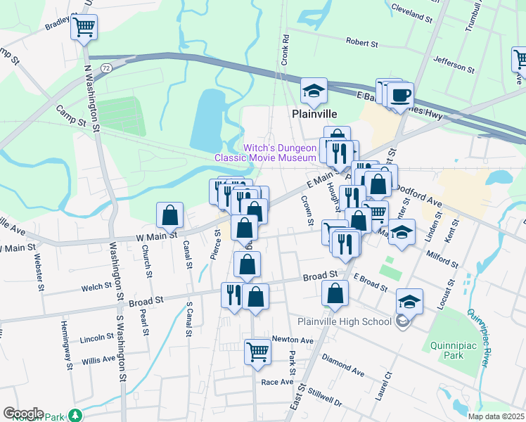 map of restaurants, bars, coffee shops, grocery stores, and more near 1 Central Square in Plainville